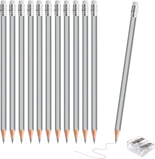 12 PCS Silver Colored Pencils with Eraser Pre Sharpened Pencil 2 HB - Ideal for Checking, Grading, Tests & Office/School Supplies (Silver)
