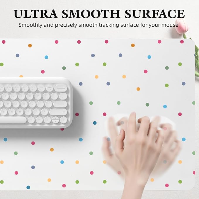 Kawaii Polka Dot Leather Desk Mat Extended Gaming Mouse Pad | Non-slip Large Writing Pad Laptop Blotter Computer Keyboard Mat | Cute White Desk Protector for Home Office 27.6" x 13.8"