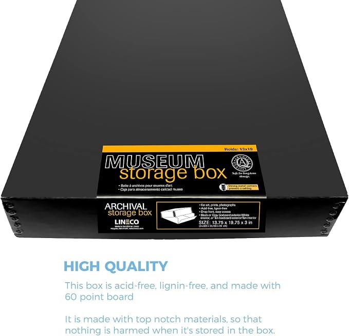 Lineco Museum Archival Storage Box, Drop Front, 13.75x19.75x3 in, Black | Acid-Free with Metal Edge, Preserves Picture Longevity, Organize Photos, Newspapers, Prints, Documents, Crafts, DIY