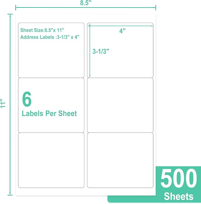 L LIKED Printable Shipping Address Labels, 500 Sheets, 3-1/3" x 4" Sticker Labels for Laser/Inkjet Printing, Matte White - 3000 PCS Labels.
