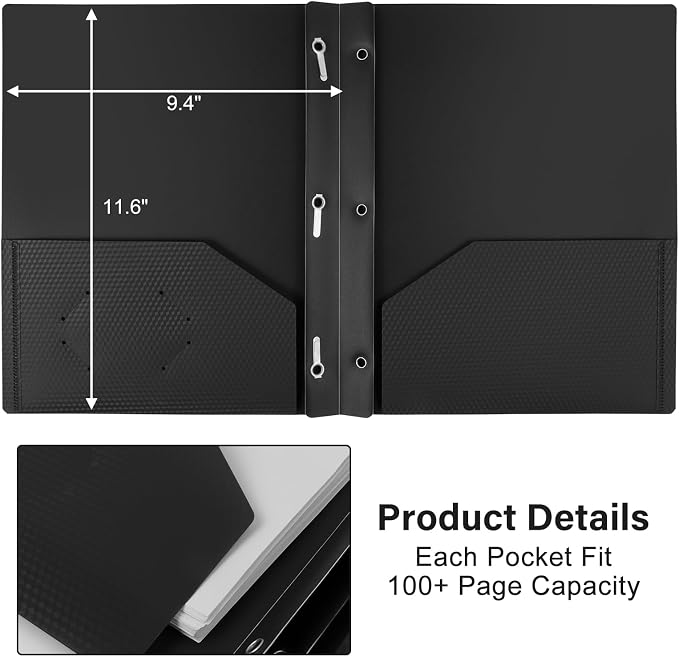 12-Pack Plastic Folders with Pockets and Prongs,2-Pocket Folders with 3 Fasteners, Poly Folders Holds 8-1/2" x 11" Paper for School/Office/Home