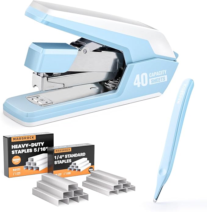 Marsrock Effortless Stapler for Desk with 40-50 Sheet Capacity, 2000 Staples, 1-Touch Stapling, Ergonomic & Easy to Load Desktop Staplers, Heavy Duty Stapler, and Magnetic Staple Remover, Blue
