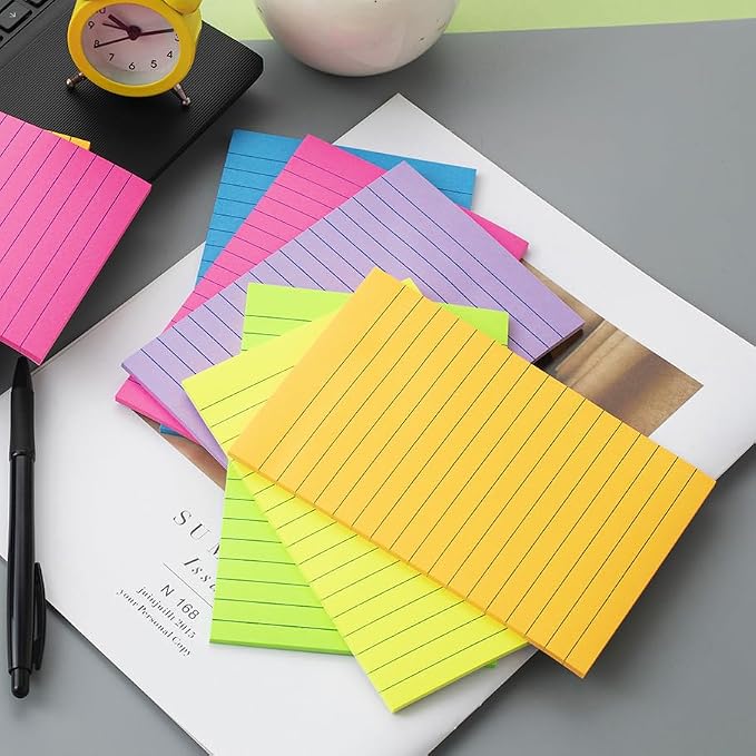 (6 Pack) Lined Sticky Notes 4x6 in,Large Notepads with Lines,Ruled Stickies Super Sticking Power,Office School Memo Note Pads Bright Colors,Post on Windows Doors,Recyclable,Easy to Write on
