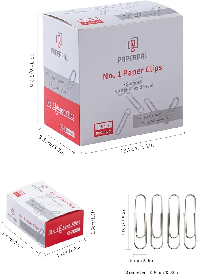PAPERPAL Paperclips for Office School & Personal Use, #1 Smooth Paper Clip (1-2/7"), 2000 Medium Paper Clips (20 Boxes of 100 Each), Silver | Value bulk pack of 2,000 medium paper clips for offices, schools and businesses, packed in 20 boxes of 100 each.