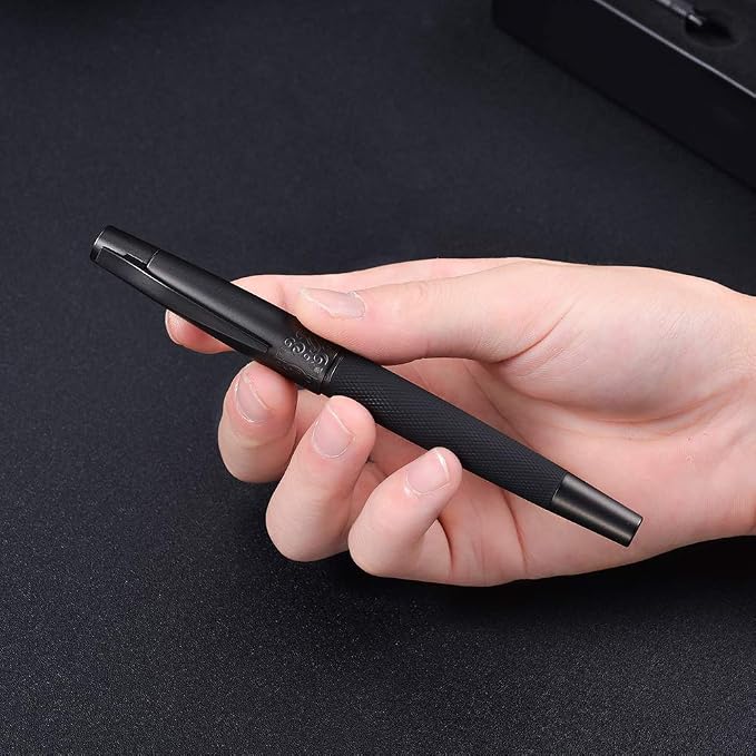 Pure Black Fountain Pen, PVD Coated Black Bent Nib Solid Metal Fude Pen, Metal Box Set by Hongdian