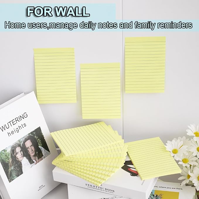 (12 Pack) Lined Sticky Notes 4x6 in,Yellow Large Notepads with Lines,Ruled Stickies Super Sticking Power,Office School Memo Note Pads,Post on Windows Doors,Recyclable,Easy to Write on,Hold Well