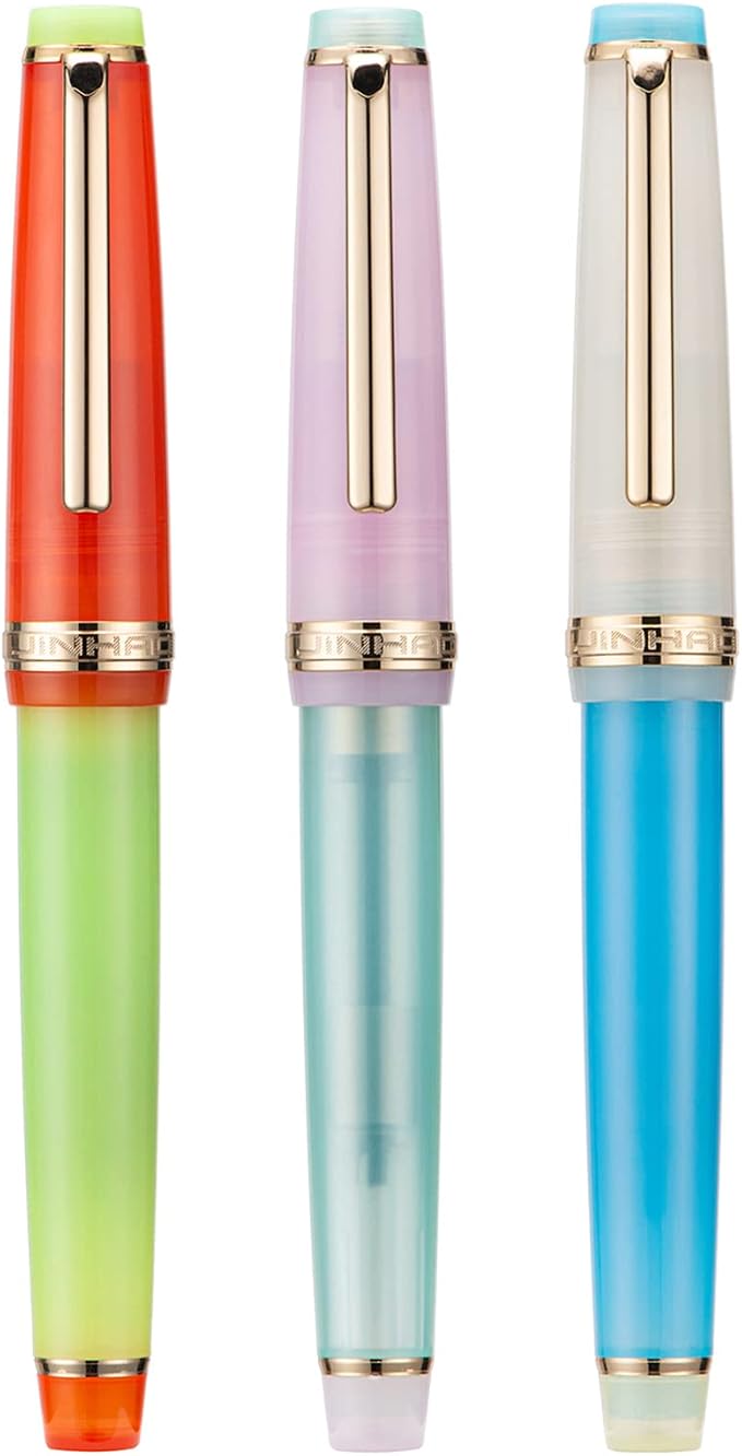 3 Jinhao 82 Fountain Pen Transparent Mixed Macaron Color Acrylic Medium Point Gold Trim with Converter Set