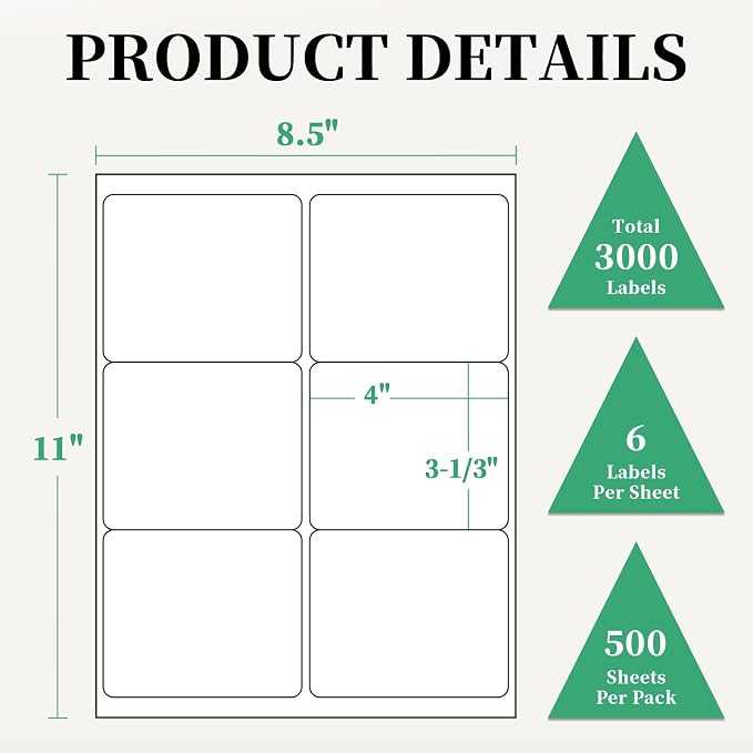 3000 Labels 6-Up 3-1/3" x 4'' Shipping Address Barcode Labels for Laser & Inkjet Printers, 500 Sheets, White, Permanent Adhesive, BIAlabel