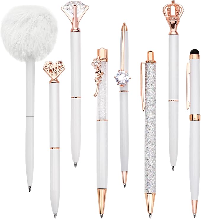 WEMATE 8Pcs Fancy Pens Set, Metal Crystal Diamond Pens White | With Black & Blue Ink, Glitter Design for Journaling, Office Supplies, School Use & Gifts for Women