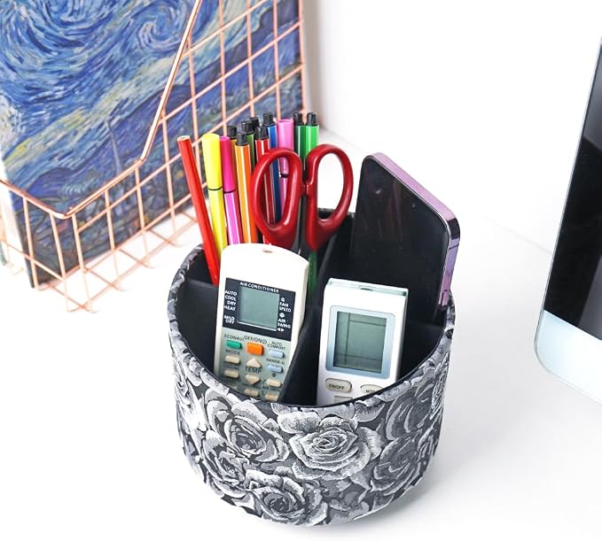 Round Leather Art Supply Organizer,Remote Control Holder,360 Degree Rotating,Multi-Functional Pencil Holder,4 Compartments Desktop Stationary Organizer(1-3D Black Grey)