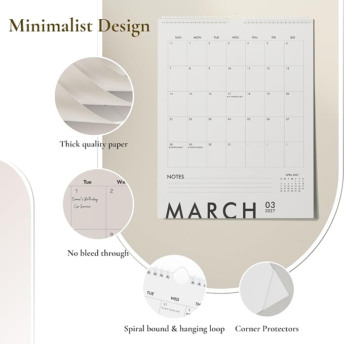 Modern Vertical Wall Calendar 2026-2027 - 18 Month Calendar January 2026 to June 2027, 11x13.5 Inches Sleek Black & White Design with Spiral Twin-Wire Binding