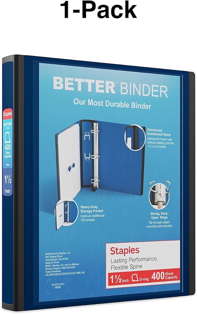 Staples Better Binder, 1.5" Heavy‑Duty D‑Ring 3‑Ring Binder, Navy Blue, Reinforced Spine, Holds 400 Sheets, Long‑Lasting School & Office Organizer, 3‑Pack