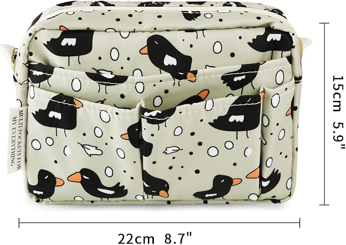 E-WEICHEN Multiple Pockets Portfolio Organizer with Zippered, Makeup Bag Travel Essentials for Women, Simple Waterproof Stationery Pencil Pouch Bag for Journal Office Art Supplies.Beige Bird