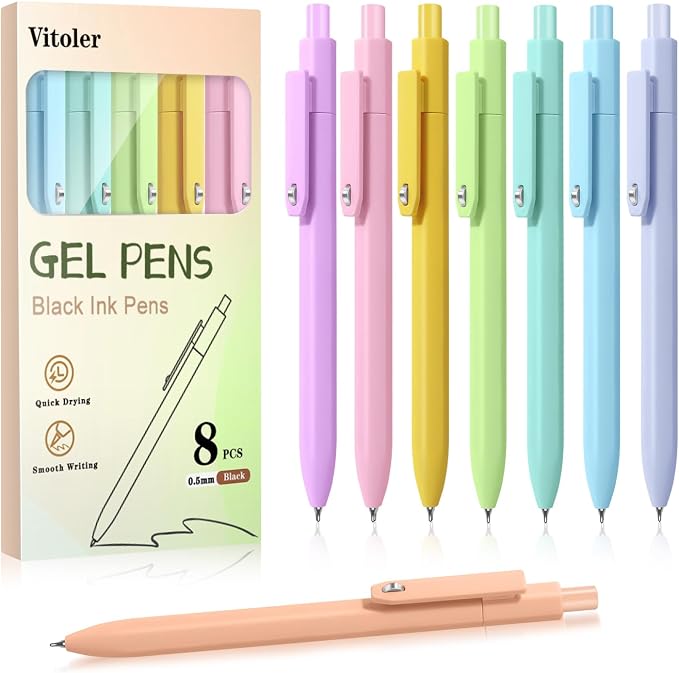 Piochoo Gel Pens, 8pcs Black Ink Pens 0.5mm Smooth Writing Pens,Cute Color Pens for Journaling Desk Accessories Office School Supplies Gifts for Women Nurses