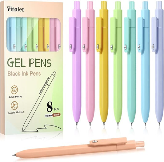 Piochoo Gel Pens, 8pcs Black Ink Pens 0.5mm Smooth Writing Pens,Cute Color Pens for Journaling Desk Accessories Office School Supplies Gifts for Women Nurses