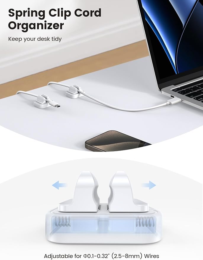 10Pack Cable Spring Holder Clips, Cord Organizer for Desk - Lamicall Adjustable Cord Clip, Wire Holder Organizer, Phone USB Charger Cable Holder, White