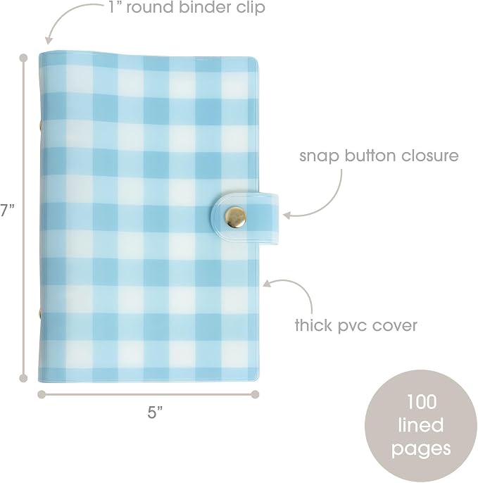 Pearhead Blue Gingham 5x7 Binder Journal with Snap Closure – 1 Inch Round Ring 6 Ring Refillable Notebook – 100 Lined College Ruled Pages, Thick 100 GSM Paper – Small PVC Planner Organizer, Journal Gift For Women