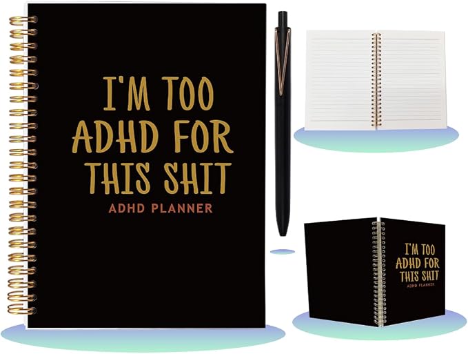 ADHD Planner for Adults Women - Funny A5 Spiral Notebook & Pen Set, Executive Functioning Journal, Sarcastic Office Must Haves, 80 Sheets College Ruled, Neurodivergent Gift, Black & Gold