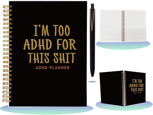 ADHD Planner for Adults Women - Funny A5 Spiral Notebook & Pen Set, Executive Functioning Journal, Sarcastic Office Must Haves, 80 Sheets College Ruled, Neurodivergent Gift, Black & Gold
