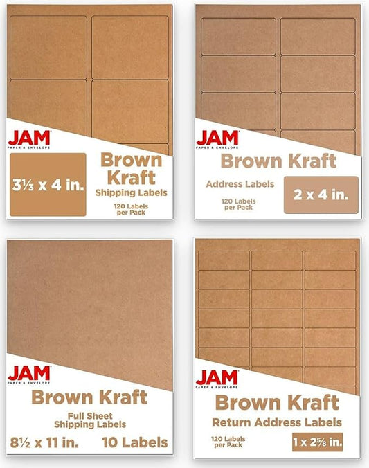 JAM PAPER Shipping & Mailing Address Labels - Multi Size Assortment - Brown Kraft - 370/Pack