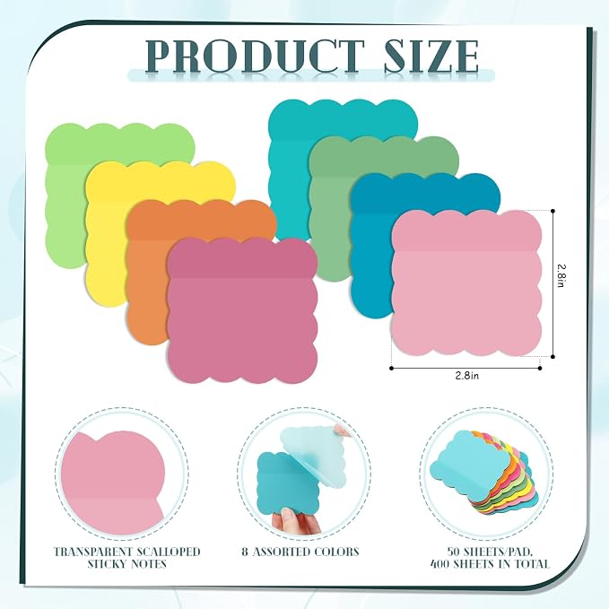 Eaasty 400 Sheets Transparent Scalloped Sticky Notes 2.8x2.8 Clear Sticky Notes 8 Pads Cute Wavy Translucent Pads Waterproof See Through Note for Bible Study Annotation School Office(Bright Colors)