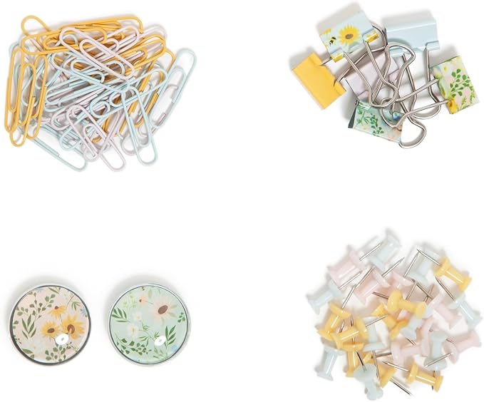U Brands Office Accessory Kit, Office Supplies, Includes 2 Glass Magnets, 6 Small Binder Clips, 24 Push pins, and 36 Paper Clips, Vintage Sunflower