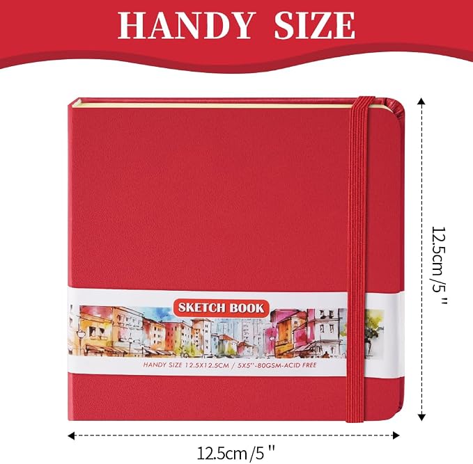 5x5" Pocket Sketch Book,80gsm Hardcover Art Sketchbook for Drawing Journal | PU Cover,Blank Paper,96Sheets/192Pages,Lay-Flat,Portable Travel Creation Paint Diary Memo Planner,Dry Media.Red