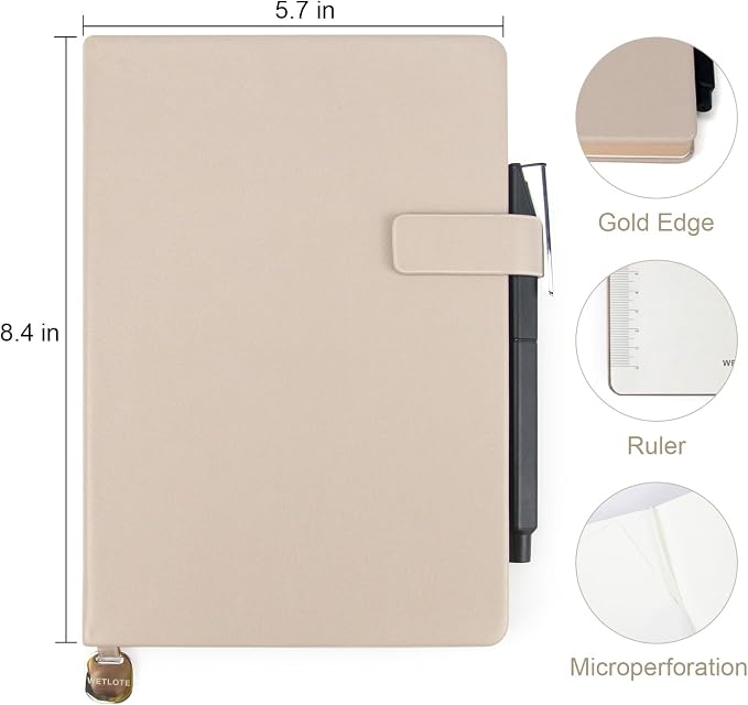 Hardcover Leather Journal Notebook A5 Lined 212 Pages 5x8.25 Inches Gold Edged Pages with Strap Closure Travel Work School Writing Journaling Notebooks for Women Men Gift Box Packaging Light Brown