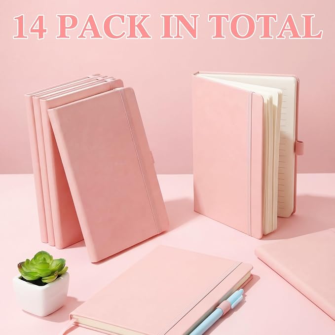 Laumoi 14 Pack Hardcover Journal Notebooks Bulk A5/A4/B5 Journaling Notebook Wide Ruled PU Leather Ruled Lined Journals with Pen Holder for School Business Work Writing (Pink,A5)