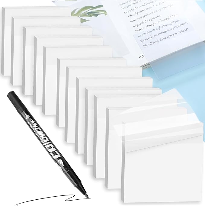 Transparent Sticky Notes with Marker Pen, Tecolu 13 Pads Clear Sticky Notes Sets, 5X The Sticking Power Translucent Sticky Note Pad, Waterproof & See-Through Sticky Notes