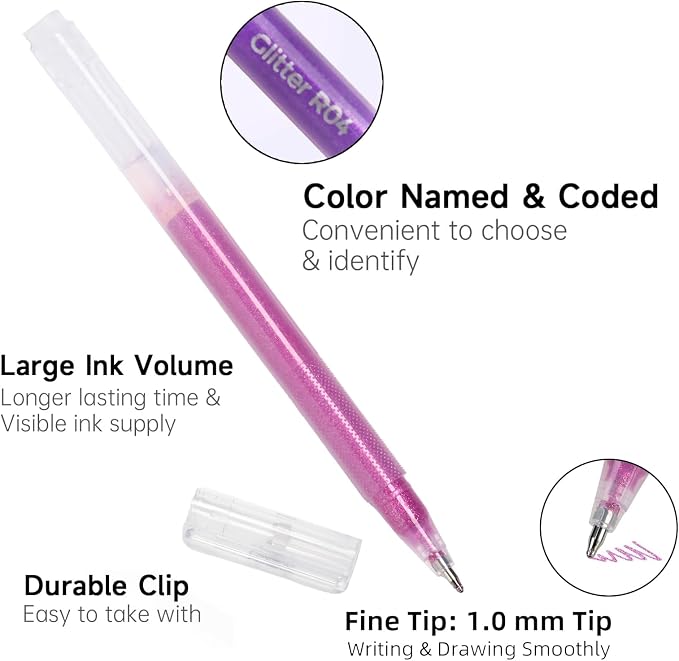 Purple Gel Pens Set,24 Colored Gel Pens Glitter Metallic Pastel Morandi Neon Color Gel Pen More Ink Colored Gel Pens for Adults Coloring Books Drawing, Doodling, Scrapbook, Journaling