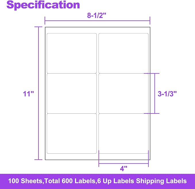 AveneMark 100 Sheets 600 Labels Shipping Address Labels, 6 up 3-1/3" x 4" Quick to Peel Stickers Paper for Laser & Inkjet Printers, Printable Mailing Labels Stickers (6 Labels per Page Sheet)