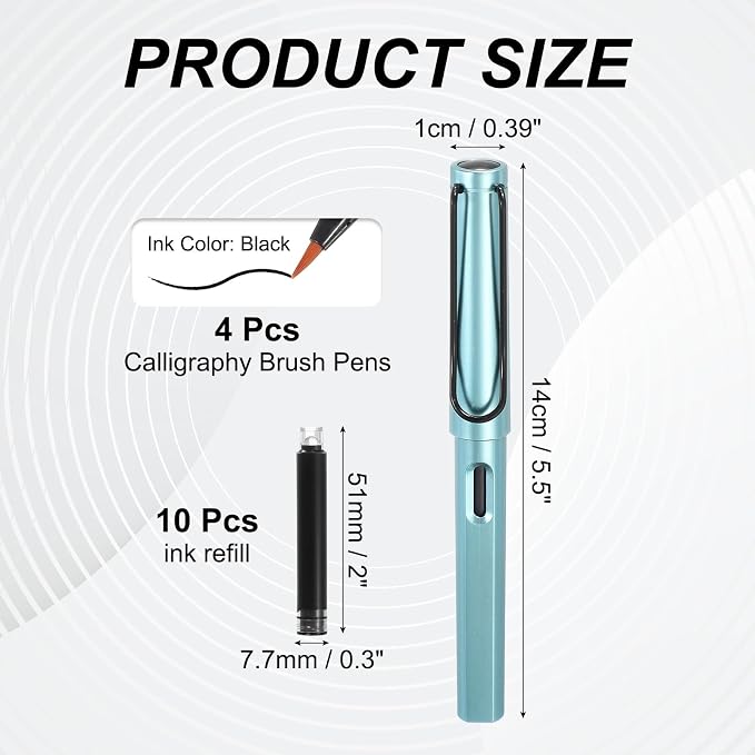 PATIKIL 4Pcs Calligraphy Brush Pens, Fountain Ink Brush Pen Refillable with 10Pcs Ink Refill for Writing Lettering Drawing Chinese Japanese Signature, Blue
