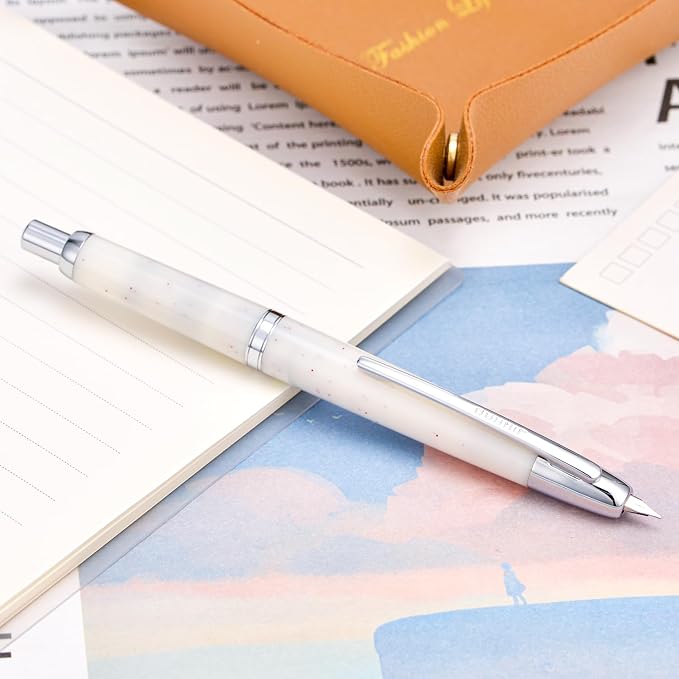 Jinhao 20 Press Retractable Fountain Pen Extra Fine Nib with Converter Resin Writing Gift Pen, White Snow with Silver Clip