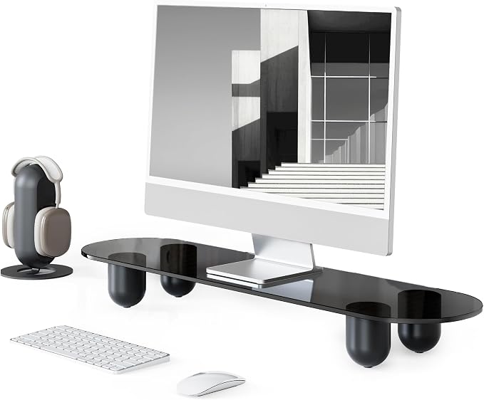Fenge Computer Monitor Stand with Solid Beech Wood Legs, 34 Inch | Black Tinted Tempered Glass Panel, 5-Min Tool-Free Assembly, Oval Monitor Riser for Art Spaces, Studios, Home Office