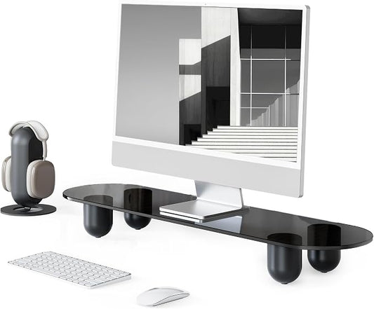 Fenge Computer Monitor Stand with Solid Beech Wood Legs, 34 Inch | Black Tinted Tempered Glass Panel, 5-Min Tool-Free Assembly, Oval Monitor Riser for Art Spaces, Studios, Home Office