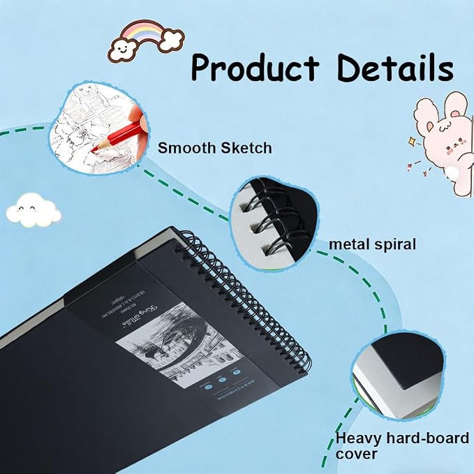 King Mills Big Sketchbook, Hard Cover Sketch Book, A3 Notebook, 11.7"x16.5" | 160GSM Extra Thick Paper, Spiral Bound, For Painting & Mixed Media, Art Book, 40 Sheets/ 80 Pages