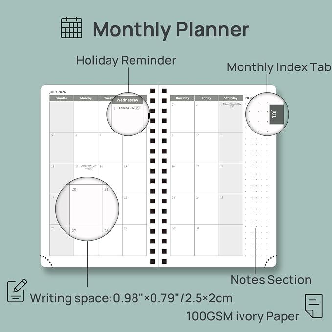 POPRUN Pocket Calendar 2026-2027,6.5" x 3.5" Pocket Planner | Jul 2026-Jan 2027 Small Planner for Purse,Inner-Pocket Weekly Planners with Hardcover, Tabs, Ruler, Pen Loop- Dark Green