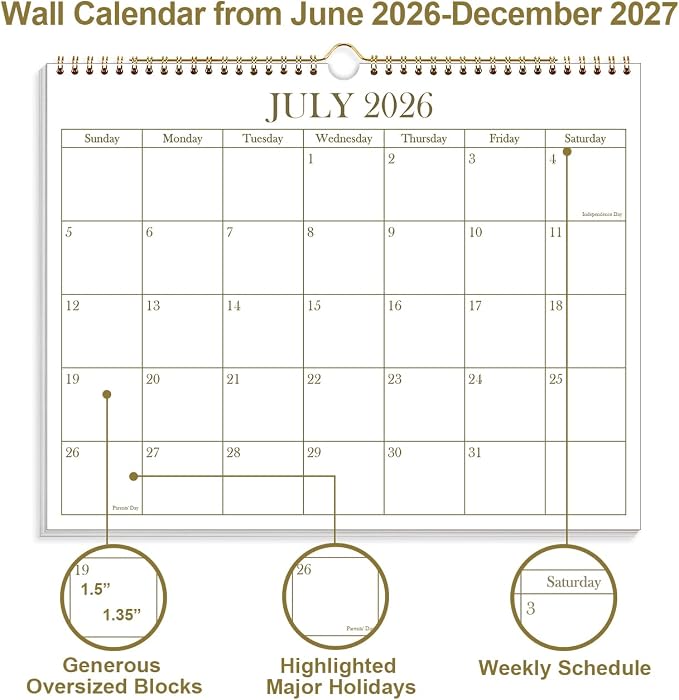 2026-2027 Calendar - 2026-2027 Wall Calendar from July 2026 - December 2027, 19 Months Calendar with Premium Paper, Twin-Wire Binding & Hanging Hook, 8.5" x 11", Golden