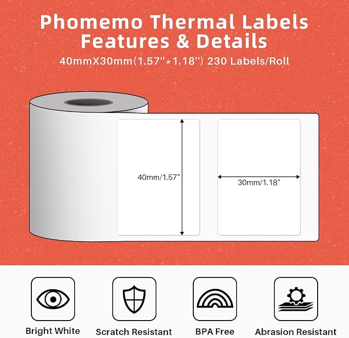 Phomemo 690 PCs Thermal Label - 1.57'' x 1.18'' (40x30mm) Labels Tape | for M110/M220/M108/M250/M260/M120/M200/M221/M150/M160 Label Maker, Multipurpose Barcode Stickers, 230 Pcs/Roll