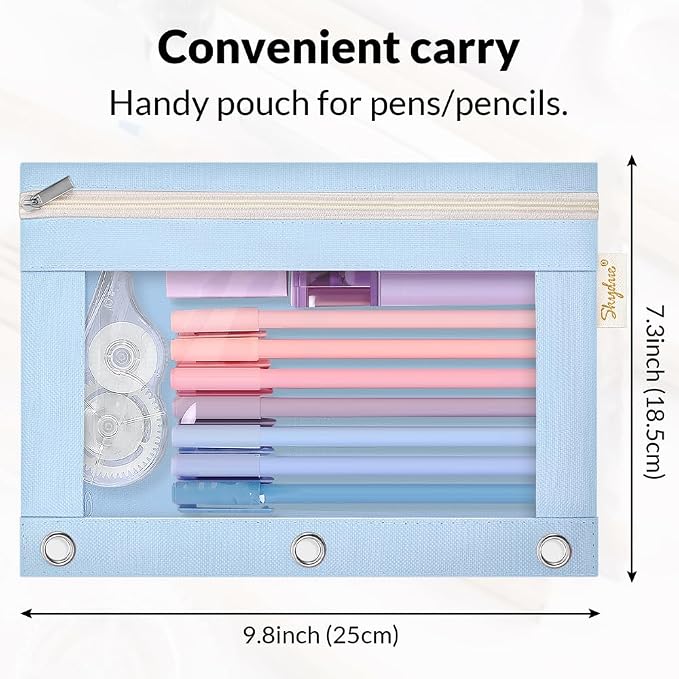 SKYDUE Pencil Pouch for 3 Ring Binder, Zipper Pencil Pouches for Girls Boys, Clear Window Pencil Bag, 3 Ring Pencil Pouch Case for Binder, Durable Organizer for School Supplies