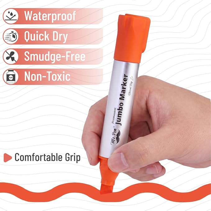 Mr. Pen- Jumbo Permanent Markers, 4 Pack, Orange, Chisel Tip, Wide Tip | Large, Thick Permanent Markers for Canvas, Posters Board, Fabric, Window, Glass, Wood, Waterproof, Quick Dry