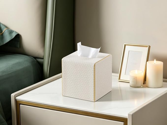 Square PU Leather Tissue Box Cover with Magnetic Closure, Decorative Tissue Holder & Storage Container for Bedroom, Living Room, Dining Room, Bathroom, Countertop, Desk (Square Off-White Twill)
