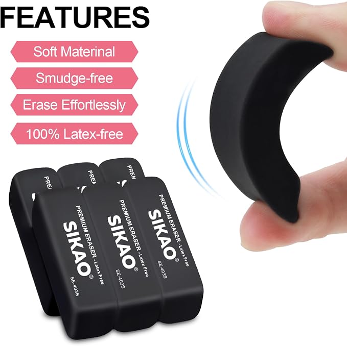 Black Erasers, 6 Pack Block Pencil Erasers | Latex-Free & Smudge-Free Beveled Rubber Erasers for School Supplies, Classroom, Office & Homework