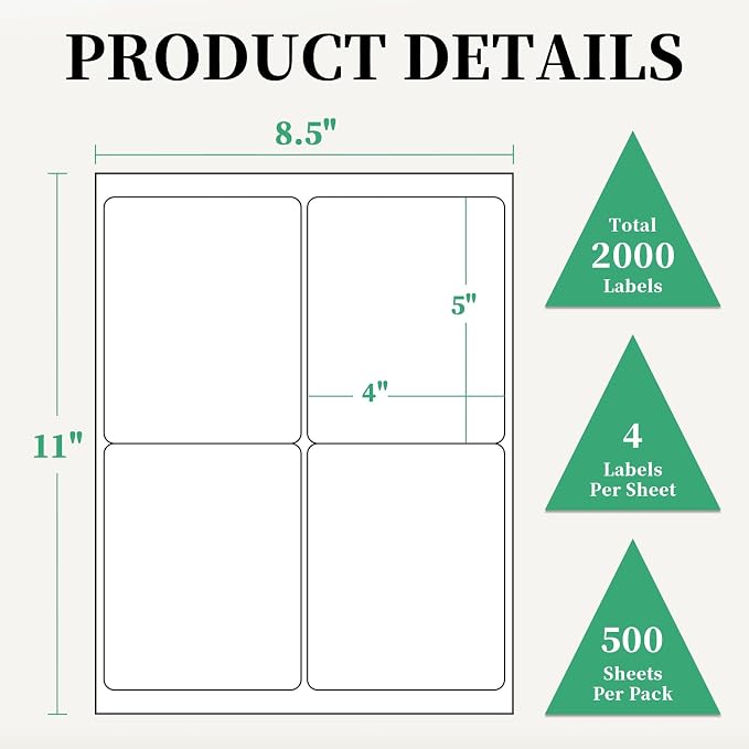 2000 Labels 4-Up 4" x 5'' Shipping Address Barcode Labels for Laser & Inkjet Printers, 500 Sheets, White, Permanent Adhesive, BIAlabel