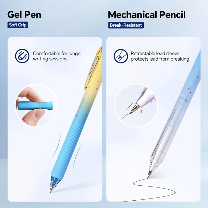 WRITECH Gel Pens Journaling Highlighters: Blue Journal Set Assorted Pastel Color 0.5mm&0.7mm Fine Point Retractable Black Ink Pen Mechanical Pencil Smooth Writing Drawing 8ct