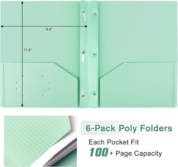 6-Pack Plastic andPockets and Prongs,2-Pocket and3 Fasteners, Pastel Folders Holds 8-1/2" x 11" Paper for School/Office/Home, Green