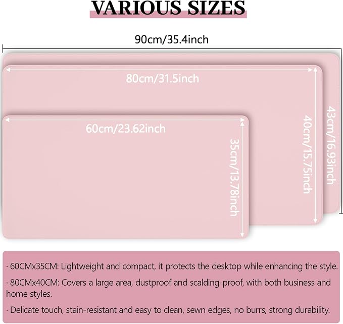 Pink Leather Desk Mat Large Mouse Pad, Waterproof Desk Pad for Keyboard and Mouse, Non-Slip Computer Desk Protector, Smooth Mouse Movement Desk Mat for Home and Office(35.4"×17")