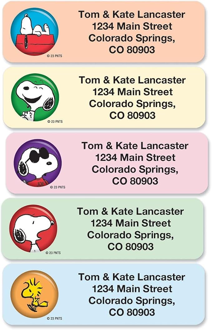 Colorful Images Peanuts Return Address Mailing Labels, Personalize with Name & Shipping Address, Set of 500 Self Adhesive, Easy Peel Rolled Sticker Label Roll