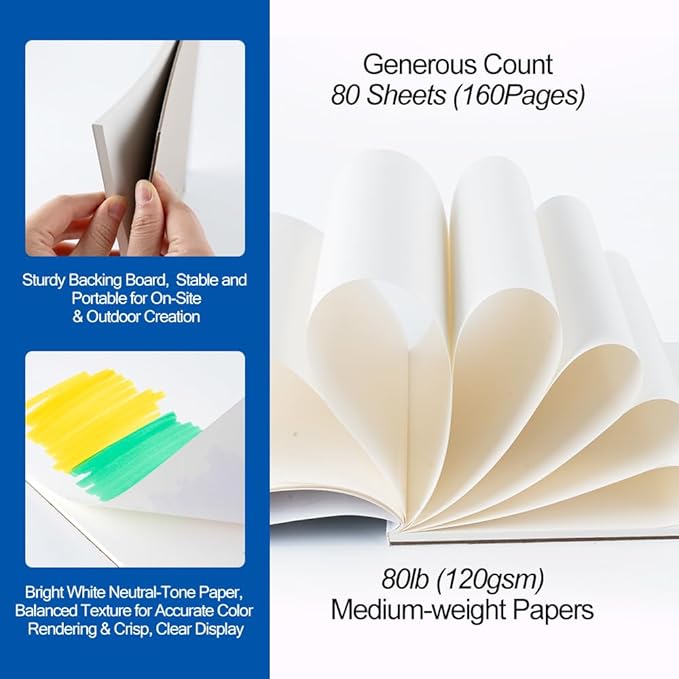 TRANSON A5 Small Sketchbook Marker Pad, 80lb/120gsm Heavyweight Art Paper, No Bleed Through, 80 Sheets/160 Pages 5.8"x8.3" for Drawing & Sketching